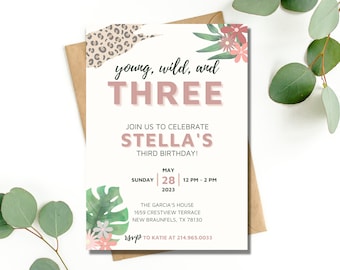 Young Wild and Three Invitation, Young Wild and Three Birthday Invitation, Young Wild and Three Invitation Girl, Safari Birthday Invitation