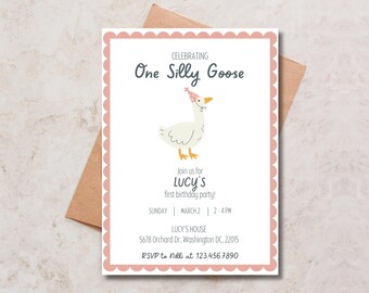 Silly Goose First Birthday Invitation, Silly Goose Birthday Invite Pink, Silly Goose Birthday Party Invite, One Silly Goose Birthday Invite