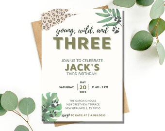 Young Wild and Three Invitation Boy, Young Wild and Three Birthday Invitation, Young Wild and Three Invite Boy