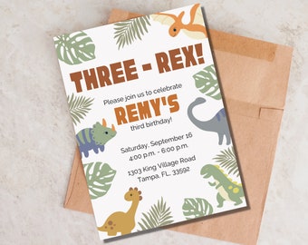 Invito di tre Rex, invito di tre Rex, ragazzo di invito di tre Rex, invito di compleanno di dinosauro, invito alla festa di dinosauro terzo compleanno