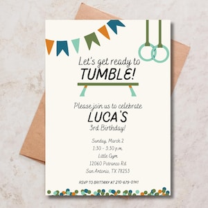 May include: A colorful invitation for a 3rd birthday party with a gymnastics theme. The invitation features a green and brown balance beam, blue and green rings, and a banner of colorful flags. The text reads "Let's get ready to TUMBLE!" and "Luca's 3rd Birthday!" The invitation includes the date, time, location, and RSVP information.