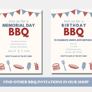 Peut inclure: Deux invitations imprimables pour un barbecue du Memorial Day et un barbecue d'anniversaire. Les deux invitations pr&eacute;sentent des banderoles rouge, blanc et bleu, un barbecue rouge, un hamburger, un hot-dog, un cornet de glace et un flacon pulv&eacute;risateur. Le texte sur les invitations indique "Rejoignez-nous pour un barbecue du Memorial Day" et "Rejoignez-nous pour un barbecue d'anniversaire pour c&eacute;l&eacute;brer le 40e anniversaire de John !"