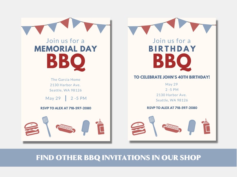 Peut inclure: Deux invitations imprimables pour un barbecue du Memorial Day et un barbecue d'anniversaire. Les deux invitations pr&eacute;sentent des banderoles rouge, blanc et bleu, un barbecue rouge, un hamburger, un hot-dog, un cornet de glace et un flacon pulv&eacute;risateur. Le texte sur les invitations indique "Rejoignez-nous pour un barbecue du Memorial Day" et "Rejoignez-nous pour un barbecue d'anniversaire pour c&eacute;l&eacute;brer le 40e anniversaire de John !"