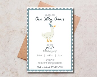 Silly Goose Birthday Invite Blue, Silly Goose First Birthday Invitation, Silly Goose Birthday Party Invite, One Silly Goose Birthday Invite