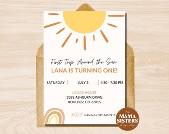 First Trip Around the Sun Invitation, First Trip Around the Sun Invite, Sun First Birthday Invitation, First Trip Around the Sun Girl Invite