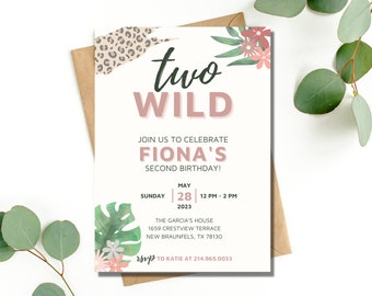 Two Wild Invitation Girl, Two Wild Invite Girl, Two Wild Safari Invite Girl Two Wild Party Invite, Two Wild Jungle Birthday Invite Pink