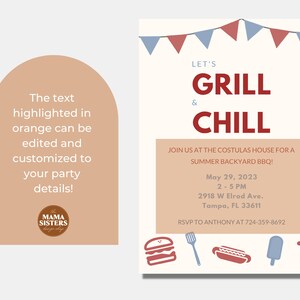 Peut inclure: Une invitation rouge et blanche avec une banni&egrave;re bleue et rouge en haut. Le texte indique "Let's Grill & Chill". L'invitation est pour un barbecue d'&eacute;t&eacute; dans la cour arri&egrave;re &agrave; la maison Costulas le 29 mai 2023 de 14h &agrave; 17h. L'adresse est 2918 W Elrod Ave., Tampa, FL 33611. RSVP &agrave; Anthony au 724-359-8692.