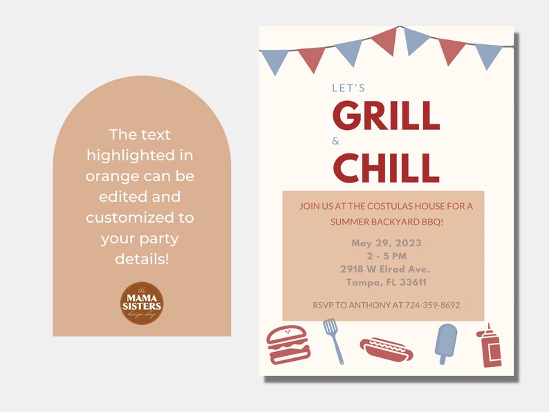 Peut inclure: Une invitation rouge et blanche avec une banni&egrave;re bleue et rouge en haut. Le texte indique "Let's Grill & Chill". L'invitation est pour un barbecue d'&eacute;t&eacute; dans la cour arri&egrave;re &agrave; la maison Costulas le 29 mai 2023 de 14h &agrave; 17h. L'adresse est 2918 W Elrod Ave., Tampa, FL 33611. RSVP &agrave; Anthony au 724-359-8692.