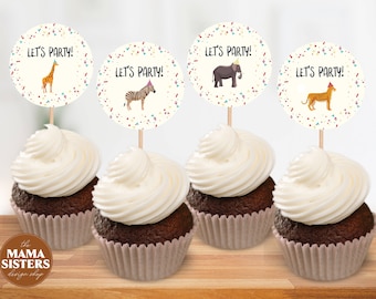 Fiesta Animal Cupcake Topper / Safari Animales Cupcake Topper / Zoo Cumpleaños Cupcake Topper / Descarga Instantánea / Fiesta Animales Favor Etiqueta