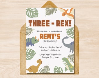 Invito di compleanno di dinosauro, Invito di tre Rex, Invito di tre Rex, Ragazzo di invito di tre Rex, Invito alla festa dei dinosauri terzo compleanno