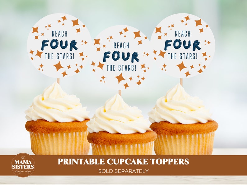 May include: Three white cupcakes with vanilla frosting topped with round, white cupcake toppers that say "Reach Four The Stars!" in navy blue and orange star accents.