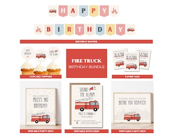 Fire Truck Birthday, Fire Truck Birthday Invitation, Firetruck Party, Fire Truck Birthday Decor, Fire Truck Cupcake Topper, Fire Truck Decor