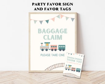 May include: A printable party favour sign and tag set with a train theme. The sign says "Baggage Claim" with a cartoon train and the text "Please take one". The tag says "Chugga Chugga Thank You for celebrating with me!" with a cartoon train and railway tracks.