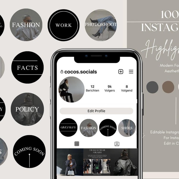 100 Instagram-hoogtepuntcovers | Bewerkbaar op Canva | Moderne esthetische hoogtepunten | Sjablonen voor bedrijven| Canva IG Markeer pictogrammen |Neutraal