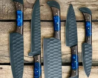 Custom Handmade Damascus steel CHEF'S KNIVE Set of 5Pcs With Leather Cover, Damascus Chef knife set, Damascus Chef Knife, Kitchen Knives Set