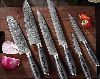 Handmade Damascus Chef Knife Set of 5Pcs With Brown Pakka Wood and Brass Gift for Husband Kitchen Knife Groomsmen Gift Lover Gift for dad