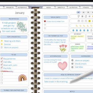 May include: A close-up of a planner with a blue and white cover. The planner is open to a Wednesday in January. The page is divided into sections for schedule, main focus, top priorities, to do, highlights, I'm thankful for, affirmation, reminders, and how to improve tomorrow. The planner has a motivational quote "You got this" and a rainbow sticker.