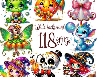 118 JPGs, Cute Halloween Clipart bundle, Cute Funny Ghost, Adorable Spooky Illustrations, Digital Download, Halloween Commercial Use