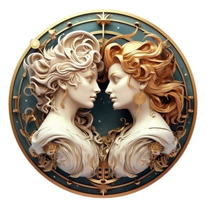 May include: A circular, gold-framed artwork featuring two women's faces with elaborate hairstyles. The women are facing each other, and their faces are sculpted in a realistic style. The background is a blue and gold swirling pattern.