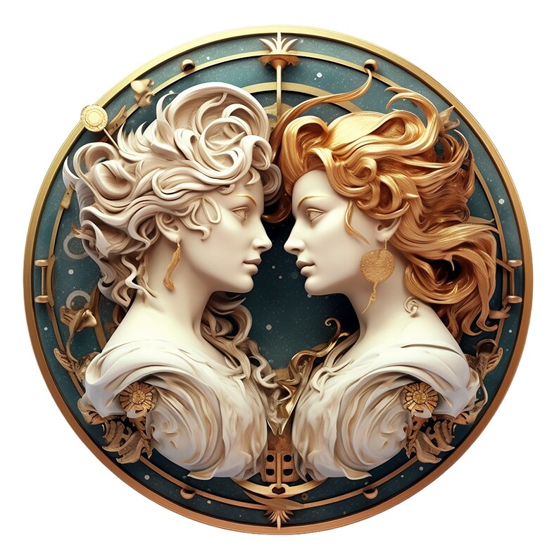 May include: A circular, gold-framed artwork featuring two women's faces with elaborate hairstyles. The women are facing each other, and their faces are sculpted in a realistic style. The background is a blue and gold swirling pattern.