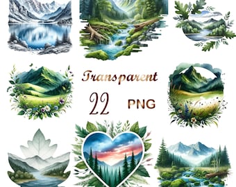 22 PNG, Watercolor Mountain Landscapes Collection Clipart, Landscape Clipart, Mountain Clipart, Mountain Range, Mountain PNG, Commercial Use