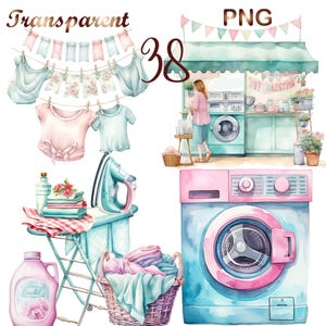 38 PNG Laundry clipart bundle clothesline clipart, invitation elements, washing machine graphics, digital download, commercial use