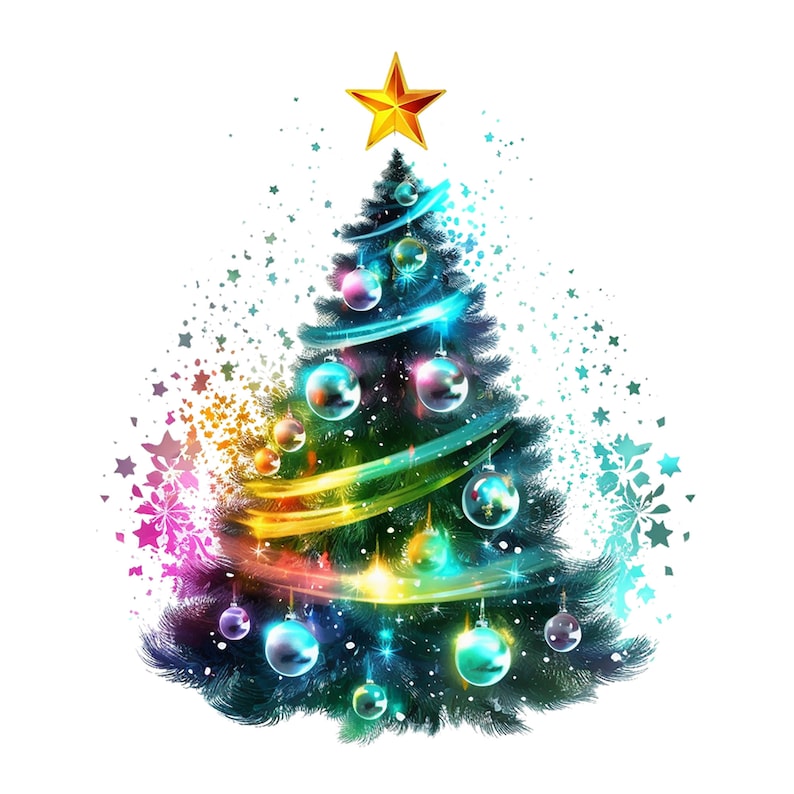 May include: A colorful Christmas tree with a gold star on top, decorated with blue and green ornaments and sparkling lights. The tree is surrounded by a colorful, abstract background.