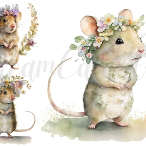 10 Flower Mouse Clipart -  High Quality JPGs - Digital Download - Card Making, Mixed Media,Digital Paper Craft,Watercolor clipart, Cute mice