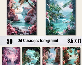 50  Printable 3D Seascapes Digital  Paper,JPGs, Beach Background,Magical Sunset Backdrop,Enchanted sunset Junk Journal Paper