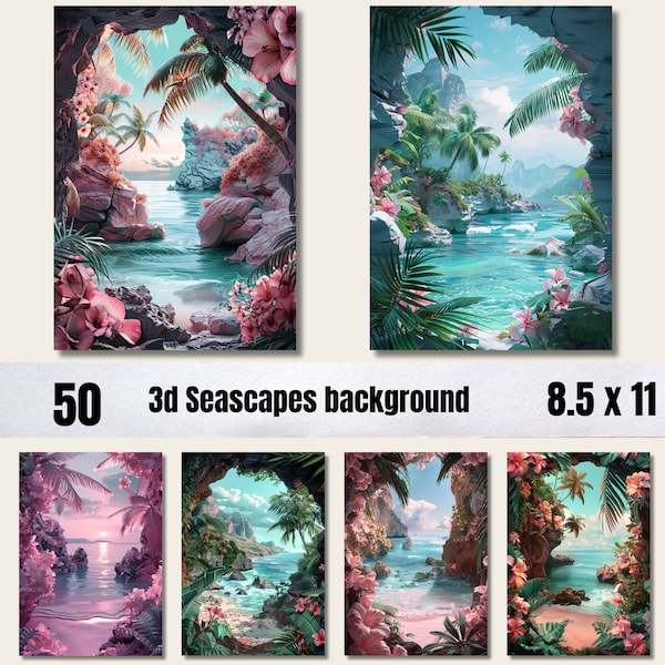 50  Printable 3D Seascapes Digital  Paper,JPGs, Beach Background,Magical Sunset Backdrop,Enchanted sunset Junk Journal Paper