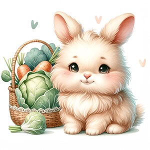 K&ouml;nnte beinhalten: Ein flauschiges wei&szlig;es Kaninchen mit rosa Ohren und Nase sitzt neben einem Weidenkorb gef&uuml;llt mit gr&uuml;nem Kohl und Karotten.