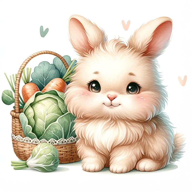 K&ouml;nnte beinhalten: Ein flauschiges wei&szlig;es Kaninchen mit rosa Ohren und Nase sitzt neben einem Weidenkorb gef&uuml;llt mit gr&uuml;nem Kohl und Karotten.