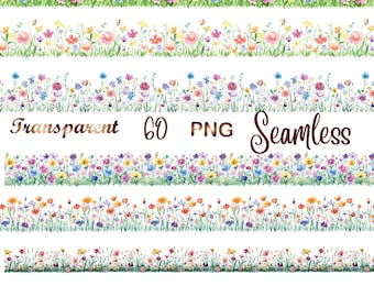 60 Watercolor Wildflower Borders PNG, Seamless Floral Clipart, Flower Frames, Digital Download, Commercial Use