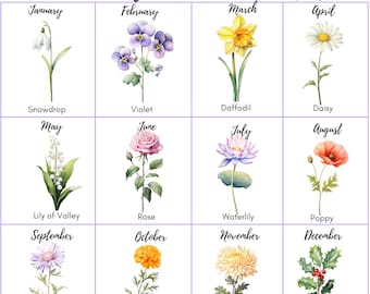 25 Birth Month Flowers Clipart, PNG, Set Watercolor, Watercolor Floral PNG, Birth Month Flower Kit Watercolor Clipart, Bundle for Birthday