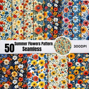 50 Seamless Summer Flowers Pattern Bundle,Summer Wildflowers Patterns, Summer Digital Papers,Summer Elements Pattern, Vibes Digital Paper