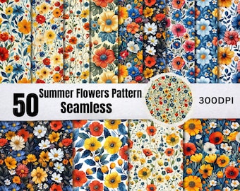 50 Seamless Summer Flowers Pattern Bundle,Summer Wildflowers Patterns, Summer Digital Papers,Summer Elements Pattern, Vibes Digital Paper