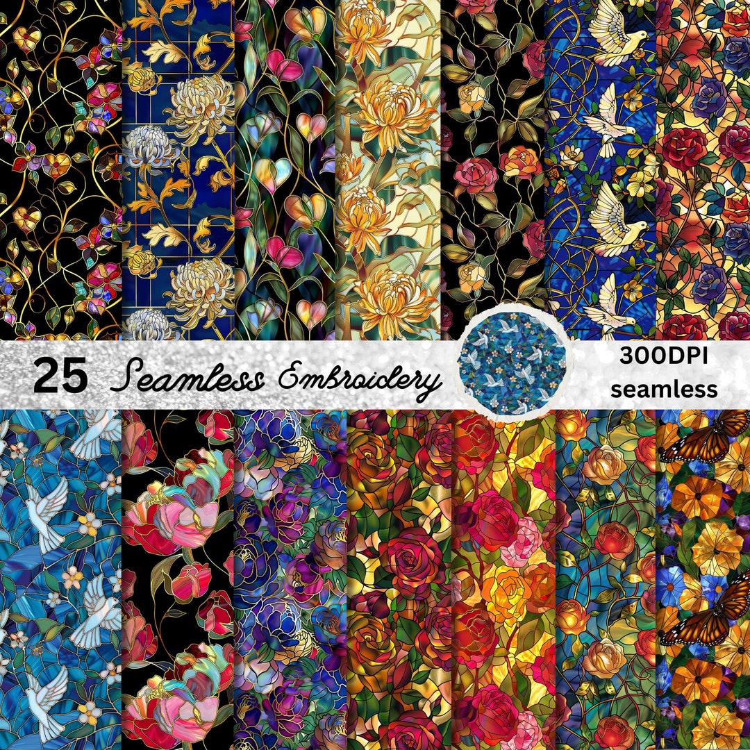 25 Seamless Fall Flowers Stained Glass Digital Papers, Floral Digital ...
