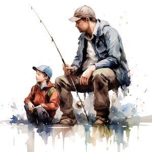 12 Fishing JPG, Watercolor dad and son fishing Glipart, JPG, Digital Download,Card Making,Mixed Media,Digital Paper Craft,Watercolor clipart
