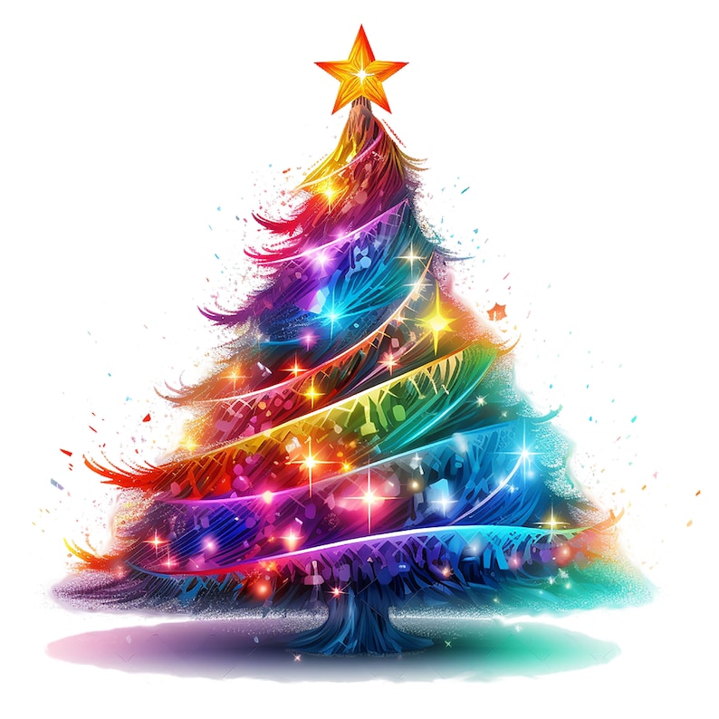 May include: A colorful, abstract Christmas tree with a star on top and lights. The tree is made up of swirling lines of rainbow colors.