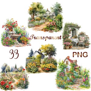 May include: Four watercolor paintings of charming cottages with lush gardens and flowers. The paintings are labeled "Transparent PNG" and "33".