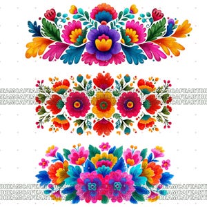 May include: Three colourful floral designs arranged in a row, each featuring a variety of flowers and leaves. The designs showcase a mix of pink, purple, blue, yellow, and orange hues, with intricate details and a festive aesthetic. Ideal for decorative purposes.