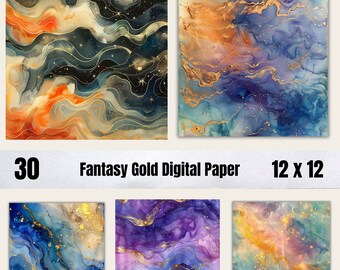 30 Watercolor  Fantasy Gold Digital Paper Set, Fantasy Gold Junk Journal Paper, Printable Fantasy Gold, Digital Scrapbooking