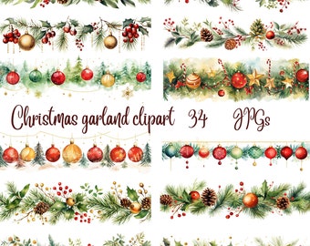 34 Christmas garland Clipart - High Quality JPGs - Digital Planner, Junk Journaling, Watercolor, Commercial Use - Digital Download