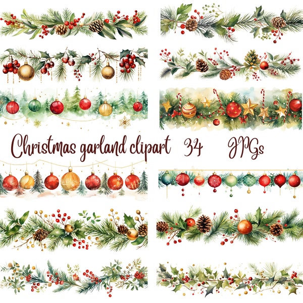 34 Guirlande de Noël Clipart - JPG de haute qualité - Planificateur numérique, Junk Journaling, Aquarelle, Utilisation commerciale - Téléchargement numérique