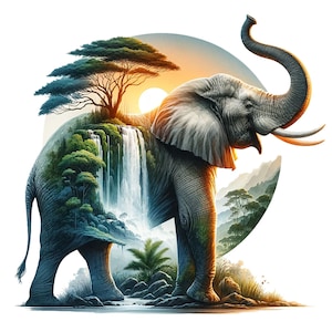 Könnte beinhalten: Ein grauer Elefant mit hoch erhobenem Rüssel steht vor einem Wasserfall und üppigem Grün. Der Elefant ist teilweise transparent, wodurch der Wasserfall und das Grün dahinter sichtbar werden.