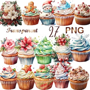 27 PNG, Watercolor Christmas Cupcake Clipart,Baking Clipart, Dessert Clipart, Food Clipart, Sweet Clipart, Birthday Clipart Digital Download