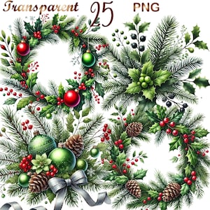May include: A Christmas wreath with green pine branches, red berries, and green and red ornaments. The wreath is decorated with a silver bow and pine cones.