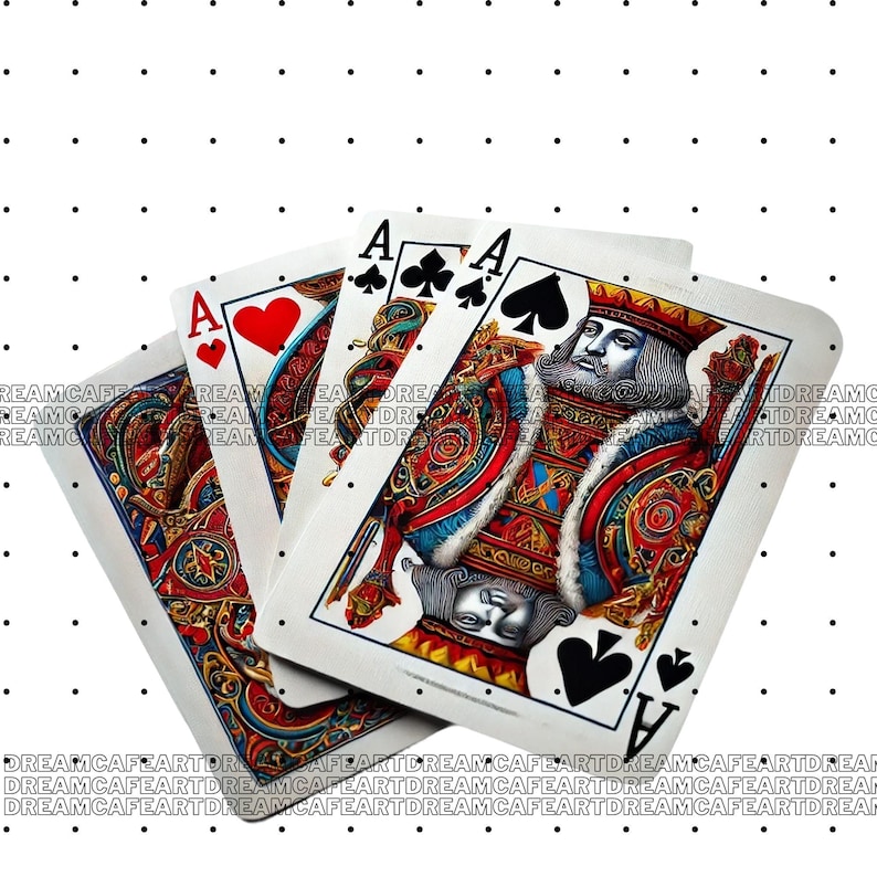May include: Four playing cards, including the Ace of Hearts, Ace of Spades, Ace of Clubs, and the King of Spades. The cards are in a vintage style with intricate designs and colorful illustrations.