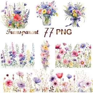 77 Watercolor Wildflowers Clipart PNG, Wildflowers  bouquet Clip art, Wildflowers Border clipart, Frame art, Digital Download,Commercial Use