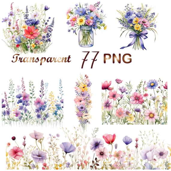 77 Watercolor Wildflowers Clipart PNG, Wildflowers  bouquet Clip art, Wildflowers Border clipart, Frame art, Digital Download,Commercial Use